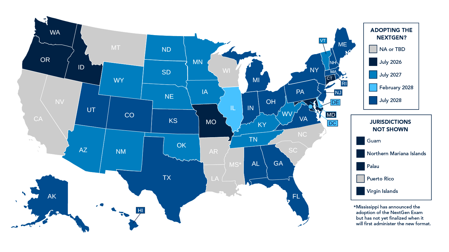 NextGen Bar Exam state adoption map showing which states are administering the exam