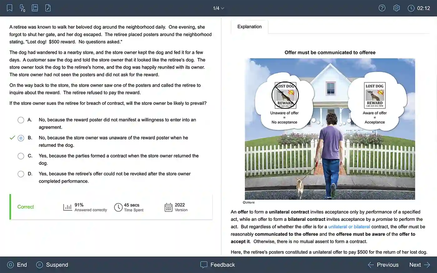  An example of a UWorld MBE practice question and answer explanation.